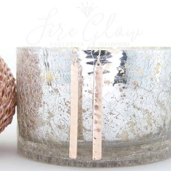 Rose Gold Tone Long Bar Hammered Metal Earrings - Picture 4 of 8